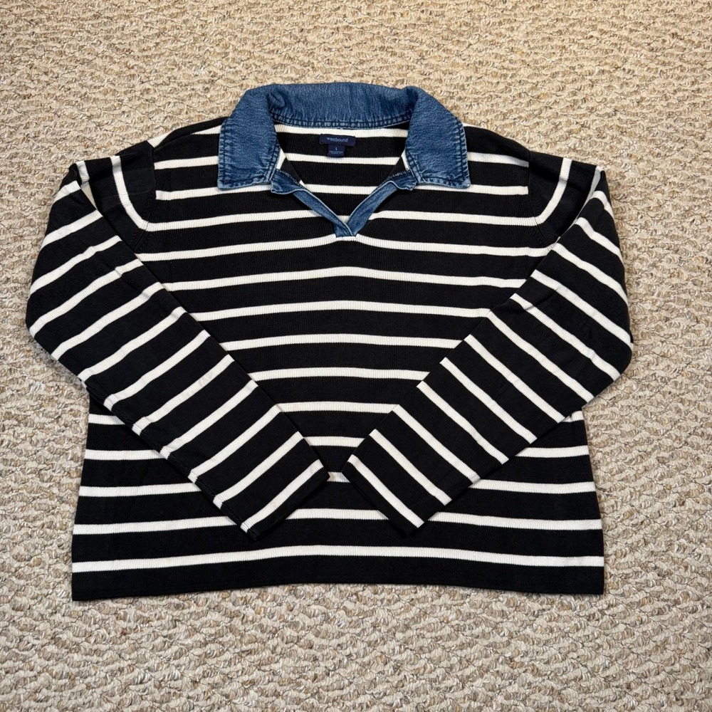 Black White Striped Cotton Sweater Denim Collar Cottagecore Casual Womens Large